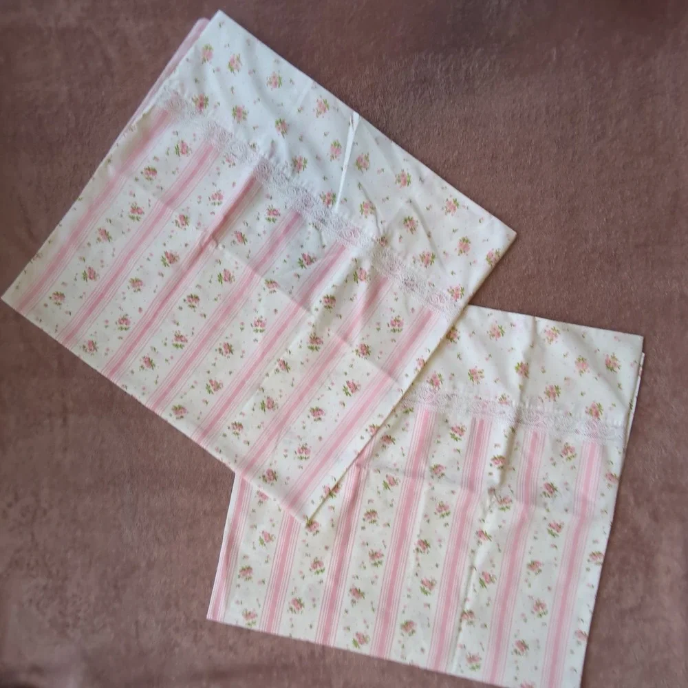 Springmaid Wondercale Pillowcase Set King Pink Floral Striped Lace Trim Vintage
